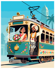 Happy indian wedding couple on decorated tram celebration ride cultural journey