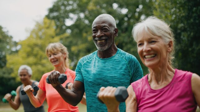 Group of Active Seniors Exercising Outdoors with Dumbbells, Enjoying a Healthy and Social Lifestyle - Powered by Adobe