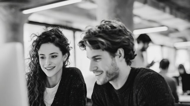 Two Young Professionals Collaborating on a Computer Screen in a Modern Office Space - Powered by Adobe