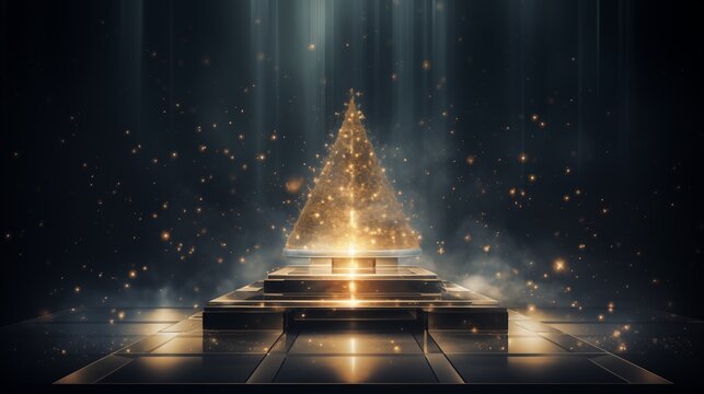 Golden glowing abstract Christmas tree on a luxury dark pedestal with sparkling particles. Festive holiday background, New Year celebration, elegant digital art.