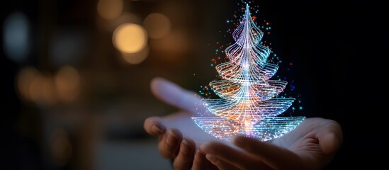 Hands displaying a digital Christmas tree hologram. Technological Christmas concept.
