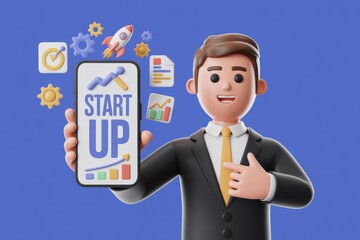 3D Illustration of a businessman showcasing a mobile app for startups and business growth