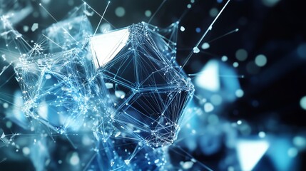 Abstract Geometric Data Visualization Polyhedron Big Data Flow : Glowing polygonal object represents network architecture and data flow. This graphic is ideal for deep learning, scientific research.