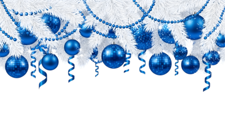 White christmas tree branches with blue ornaments