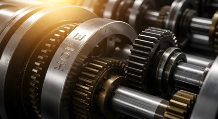 Close-up view of interlocking gears and mechanical components in an industrial machine illustrating engineering and manufacturing processes