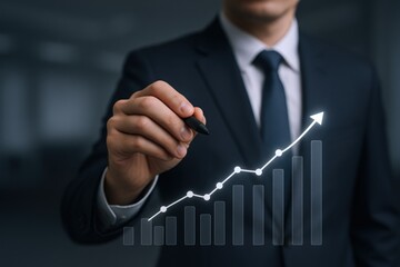 Growth Chart Visualization: Businessman Depicting Success with Rising Graph and Upward Arrow Indicating Financial Performance