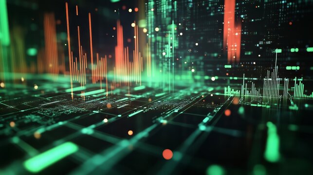 Financial Data Analysis Stock Market Big Data Flow Visualization : Glowing structure represents financial modeling and market analysis. This graphic is ideal for investment, market trends, economics.