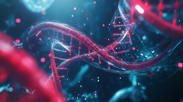Digital DNA Helix Genomic Big Data Analysis Flow:Glowing network visualizes medical data, research, and mapping.This illustration is ideal for precision medicine, disease diagnostics and biotechnologi