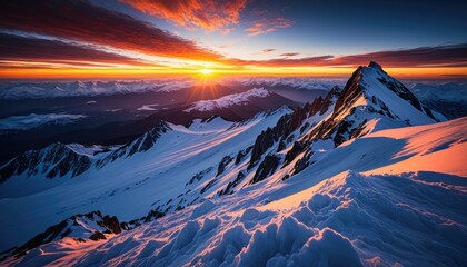 Majestic Mountain Sunrise: Snow-Capped Peaks Bathed in Golden Light - Dramatic Landscape Photography