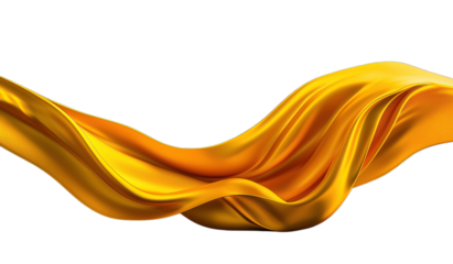 Yellow silk fabric flying in the air on transparent background with abstract dynamic wavy shape for banner and poster design