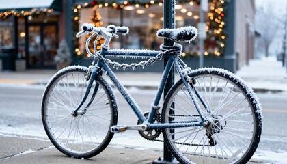 Obraz premium Bicycle covered in snow parked on street during Christmas season 