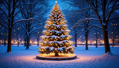 Magical Snow-Covered Christmas Tree in Winter Wonderland - Festive Holiday Decor, Sparkling Lights, and Snowy Landscape