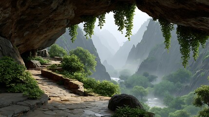 Discover a stunning mountain valley from a lush cave entrance, a tranquil escape into nature's embrace, perfect for adventure and relaxation in a serene landscape