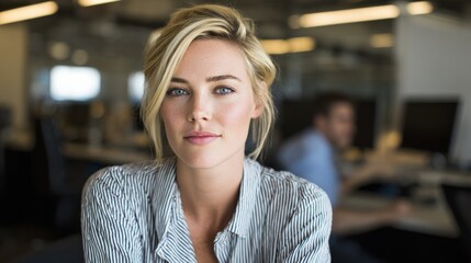 Fototapeta premium Portrait of a confident young businesswoman in modern office environment looking at camera