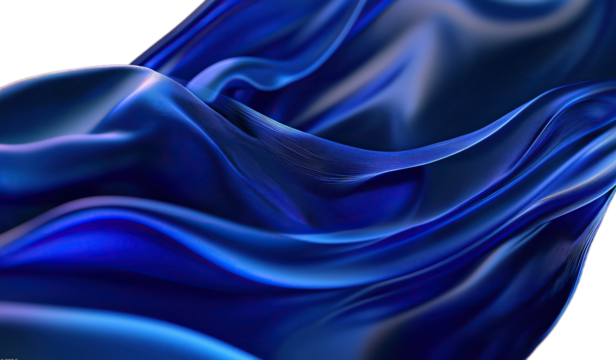 Blue silk waves on a transparent background creating an abstract fluid design with flowing and wavy dynamic lines