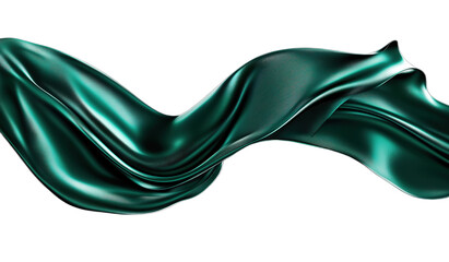 Dark green silk fabric in motion on transparent background with green ribbon flowing in the air creating abstract elegant aesthetic