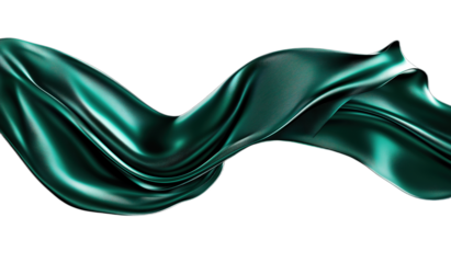Dark green silk fabric in motion on transparent background with green ribbon flowing in the air creating abstract elegant aesthetic