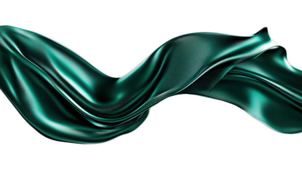 Dark green silk fabric in motion on transparent background with green ribbon flowing in the air creating abstract elegant aesthetic - Powered by Adobe