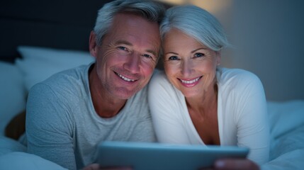 Happy Mature Couple Relaxing in Bed, Watching Media on a Tablet Device Before Sleeping