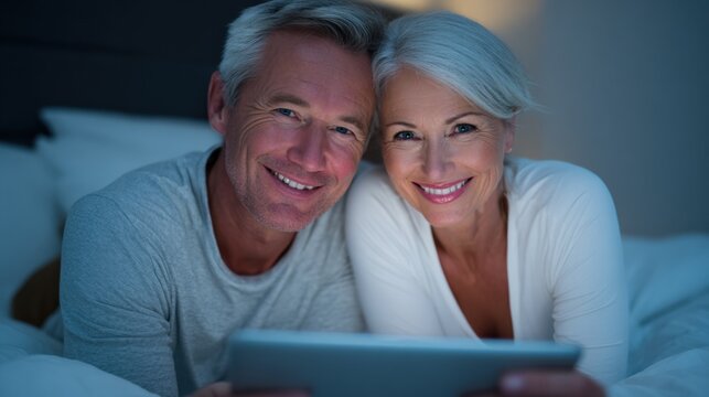 Happy Mature Couple Relaxing in Bed, Watching Media on a Tablet Device Before Sleeping