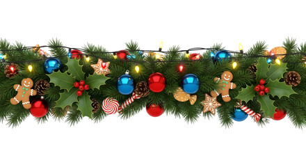 Christmas garland with ornaments, lights, and gingerbread