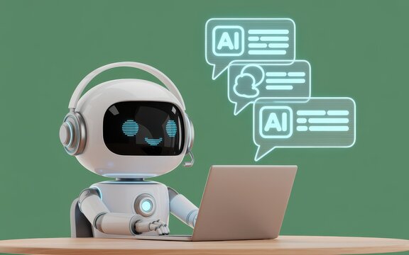 Robot Assistant with AI Chat Bubbles on Laptop