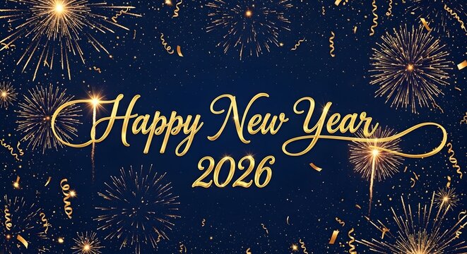 Happy New Year 2026, golden celebration with fireworks and confetti on a dark blue background