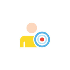 Customer target flat icon showing a person with a colorful target symbol, ideal for marketing strategy, user focus, audience analysis, customer segmentation, branding, and business planning.