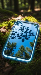 A modern smartphone lying on mossy ground in a forest, reflecting the blue sky and green leaves, capturing the harmony between technology and nature