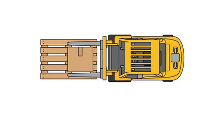 Aerial view illustration of a forklift truck moving a cargo pallet with cardboard boxes. Concept of warehouse operations, shipping, and distribution