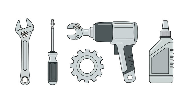 Illustrated collection of essential garage equipment and mechanic's tools for vehicle maintenance and repair service concepts