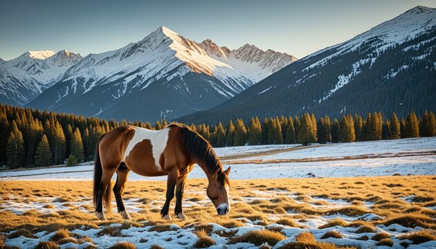 Majestic Horse Grazing in Snowy Mountain Meadow - Scenic Wildlife Photography, Winter Landscape, Peaceful Countryside