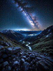 Majestic Milky Way Galaxy Over Serpentine River Valley in Rugged Mountain Landscape at Night