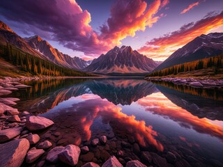 Majestic Mountain Lake Sunset: A Stunning Reflection of Twilight's Colorful Clouds Over Emerald Waters