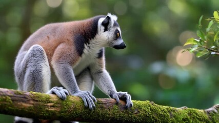 Lemur climbing a branch in a lush forest habitat