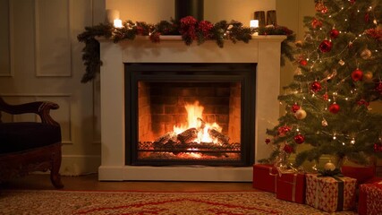 Cozy Christmas evening by the fireplace with a decorated tree