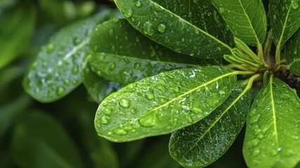 A captivating close-up reveals vibrant green leaves adorned with countless glistening water droplets, creating a fresh and rejuvenating visual experience. The intricate veins of the foliage are clearl