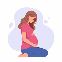 Caring Pregnant Woman Holding Her Belly. Motherhood and Maternity Concept Illustration.