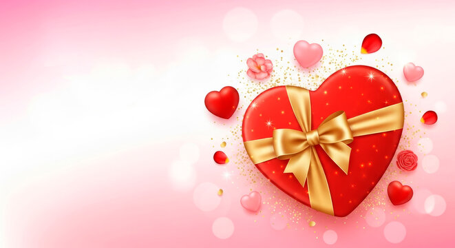 Valentine's day love heart with gold ribbon and pink background design for greeting card