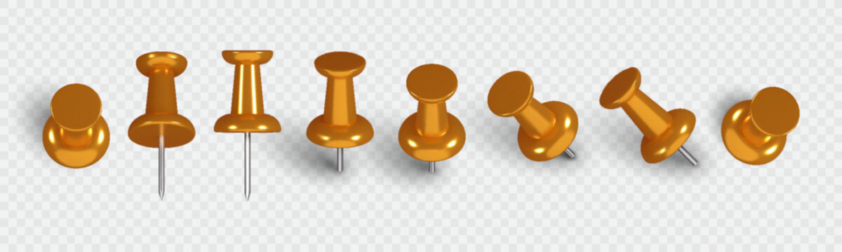 Realistic 3D gold push pin. Plastic thumbtack set shown from multiple angles with soft shadow effect. Perfect element for office notes, school reminders, pin boards, maps, and announcement graphics.