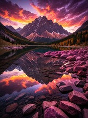 Majestic Mountain Reflection at Sunset: Scenic Landscape with Vibrant Clouds and Calm Lake, Alberta, Canada
