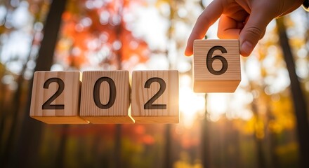 Wooden blocks spell out the number 202 with a hand placing the last digit six, representing the new year