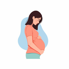 Pregnant woman gently hugging her baby bump. Motherhood, pregnancy healthcare, and maternal anticipation vector illustration.