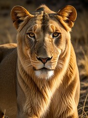 Majestic Lioness Portrait: Golden Hour Light Illuminates Fierce Gaze in African Savannah Wildlife