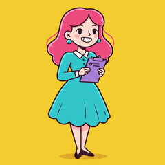 Smiling cartoon girl with pink hair, teal dress, holding a clipboard against a mustard yellow background.