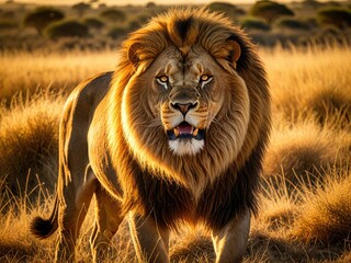Majestic African Lion Portrait: Golden Mane & Intense Gaze in Savannah Grasslands - Wildlife Photography
