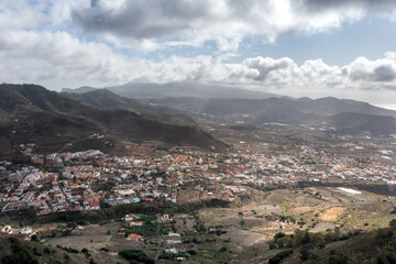 Aerial view of Tegueste area with surrounding scenery and distant towns, Tenerife, Canary Islands