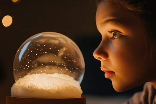 child mesmerized by glowing snow globe, capturing holiday magic - Powered by Adobe