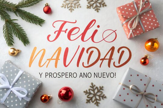 Festive "Feliz Navidad" greeting with gift boxes and ornaments, celebrating the holiday season.