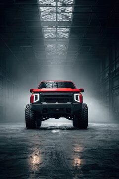 Bold monster truck showcases powerful design in dramatic, dimly